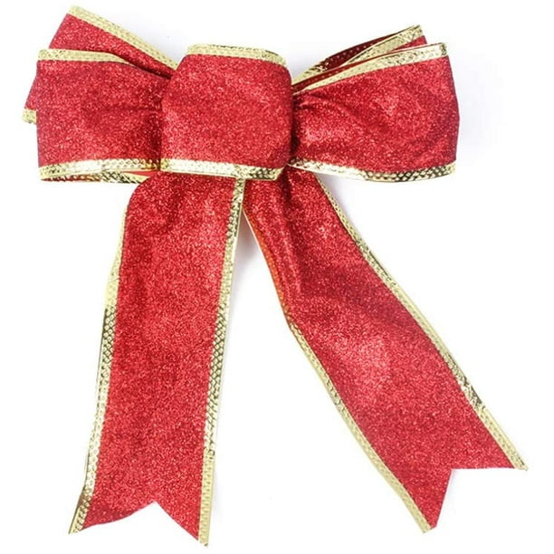 Pack de 9 Lazos decorativos, poliéster y plástico, Adornos Navidad, árbol, envolver regalos, manualidades (rojo brillo, 10 x 13 cm)