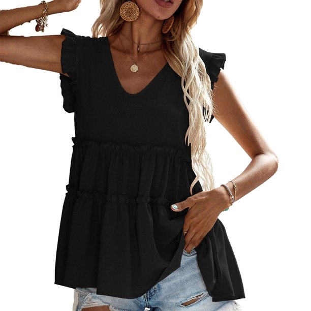 Blusa casual de verano, camisa babydoll sin mangas con cuello en V para  mujer Túnica con volantes Te NikouMX