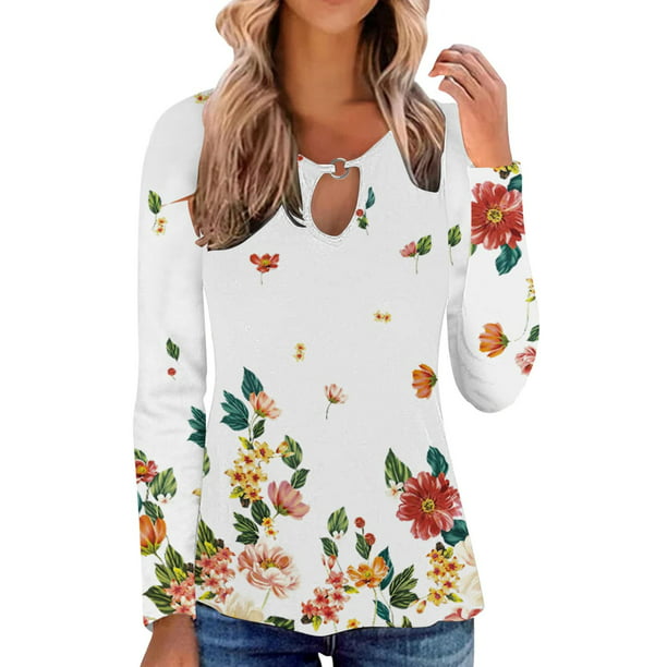 Camisetas informales con estampado de flores para mujer, blusas de manga larga con cuello redondo, T Pompotops FGAJ11480 | en línea