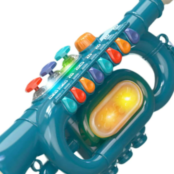 Una trompeta de juguete de plástico azul aislado sobre un fondo