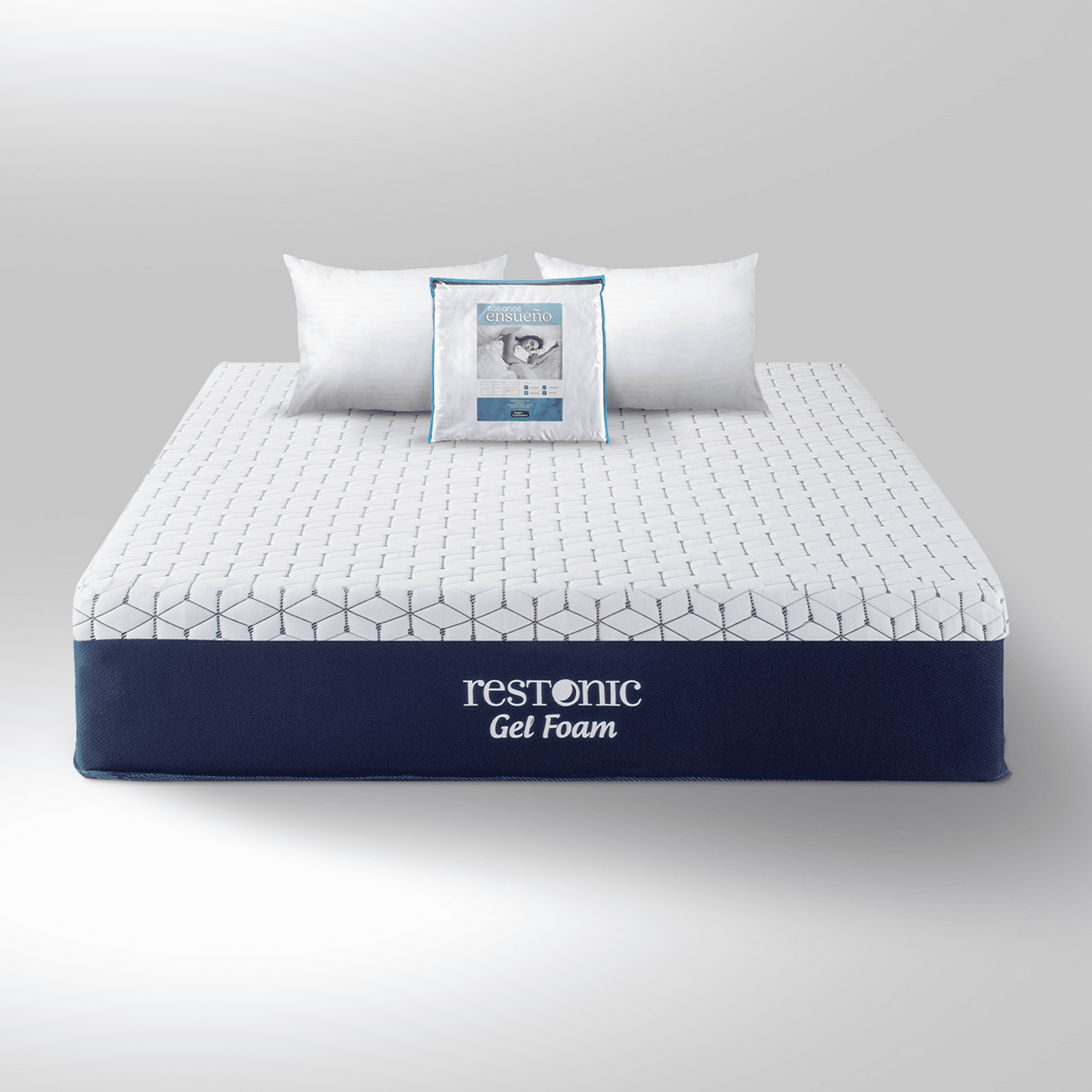 Colchón Gel Foam Restonic King Size + 2 almohadas SC + Juego de