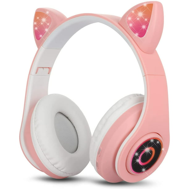 Auriculares Bluetooth para colocar sobre las orejas Auriculares con orejas  de gato para niña rosa Luz LED RGB Auriculares inalámbricos estéreo  plegables Auriculares para niños Micrófono tele JFHHH pequeña