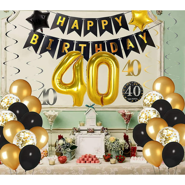 40 ° cumpleaños decoraciones para hombres y mujeres, juego de decoraciones  de fiesta de oro y negro-feliz cumpleaños banner negro y oro globos confeti  globos remolinos Feliz Sencillez