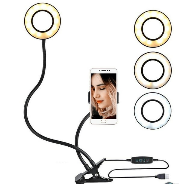 Anillo de luz para selfies con brazo largo y soporte para teléfono móvil  para chat en vivo en línea (negro) JM