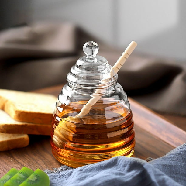 Tarro de miel de cristal, tarro de miel, dispensador de miel, dispensador  de jarabe, hermoso frasco de miel con soporte, utensilios de cocina para el
