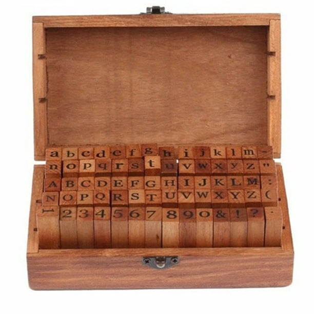 Sellos de goma con letras de madera, juego de sellos de goma del alfabeto  vintage con pequeña caja de madera para enseñar y jugar : Arte y  Manualidades 