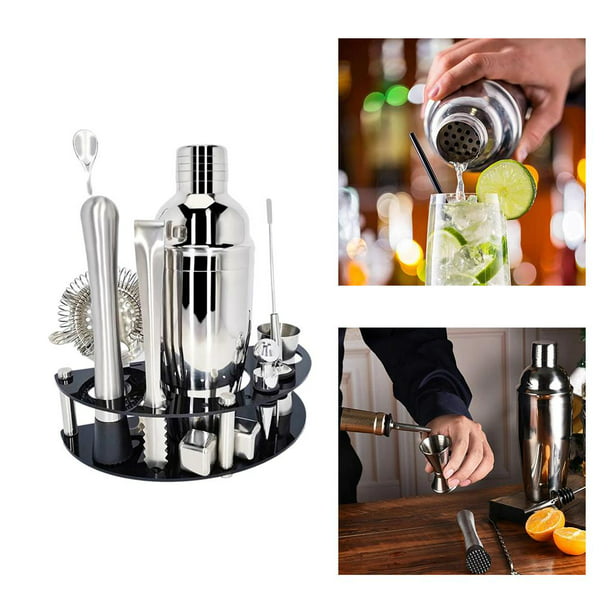 Juego de coctelera de camarero, juego de bar con soporte de bambú,  herramientas de barman de 12 piezas, coctelera profesional de Martini de  acero