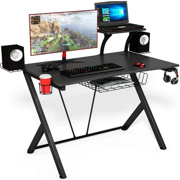 Mesa Gaming Desk Mueble Escritorio de Computadora Ergonómica, Mesa de  Juegos Mesa de Trabajo con Portavasos y Gancho para Auriculares, Negro