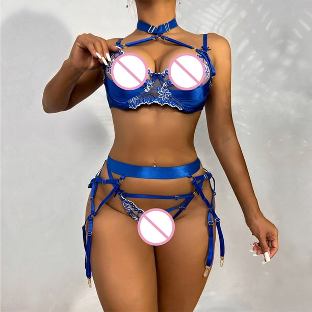 Gibobby Ropa interior mujer sexy Conjunto de lencería de Encaje para Mujer  con Cinturones de Liguero, Sujetador y Bragas, sostén y Tanga(Azul, XG)
