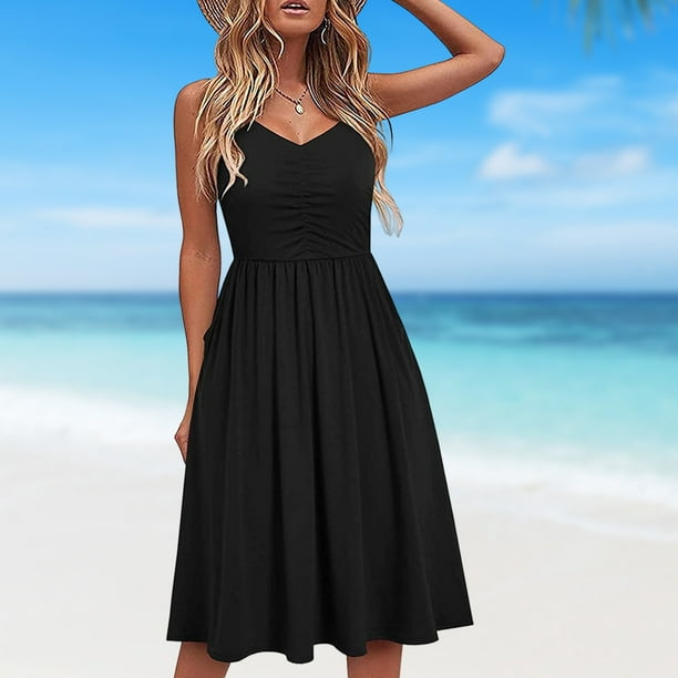 Vestido De Playa Con Tiras Vestido de playa de verano Vestido casual sin mangas Vestido simple para fiesta (Negro Cgtredaw Para estrenar | Walmart en línea