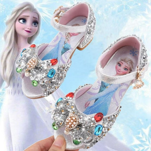 Sandalias de Disney para niñas, zapatos de princesa Elsa Frozen 2, zapatos  de cristal para niñas pequeñas, zapatos de tacón alto para niños, zapatos  de princesa para pasarela, 25 plantillas de 16,5