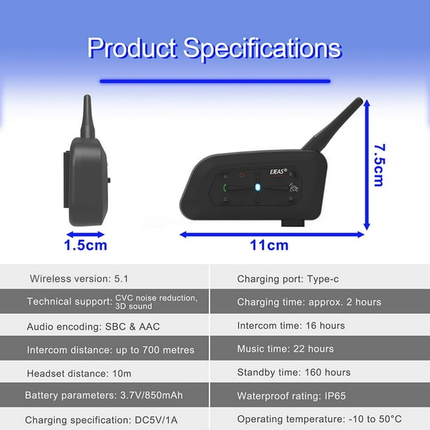 Cascos Audífonos Bluetooth 800M Auricular Bluetooth Tipo-C Cascos  Intercomunicador 850mAh Herramient Tmvgtek Accesorios para autos y motos