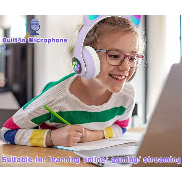Auriculares Bluetooth para niños con micrófono para la escuela, auriculares  inalámbricos Bluetooth para niños y niñas, orejas de gato, volumen