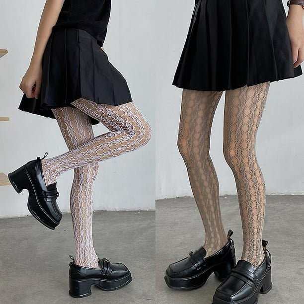 Medias Blancas para mujer, medias japonesas JK, medias góticas de encaje  negro, medias Lolita, medias con estampado de tatuaje, medias de red -  AliExpress