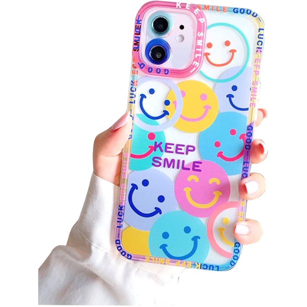 Funda para iPhone 12 Mini, bonita funda para teléfono para mujeres y niñas,  cara sonriente, estética transparente y suave, funda protectora de TPU