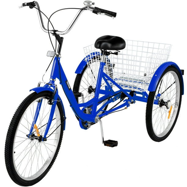 Triciclo para Adultos de 1 Velocidad y 3 Ruedas Bicicleta de Bicicleta Azul  Triciclo de 24 '' con Canasta Grande para Montar