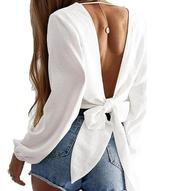 Blusa de gasa con espalda descubierta y espalda descubierta para mujer, blusa Sexy informal con cuello de pico, camisa con lazo de larga Adepaton CJWUS-3301 | Walmart en línea