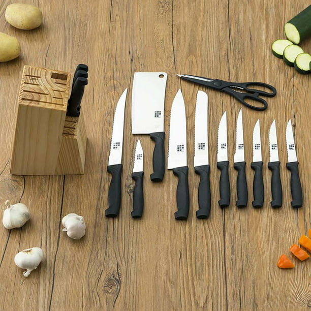 BasicsJuego de cuchillos de cocina de 14 piezas, cuchillas de acero  inoxidable de alto carbono con bloqueo de madera de pino, negro