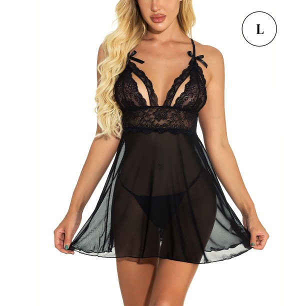 Ropa de dormir sexy para mujer, lencería sexy con encaje en V profundo,  camisón de seda, camisón de noche, vestido babydoll para novia, Negro (01