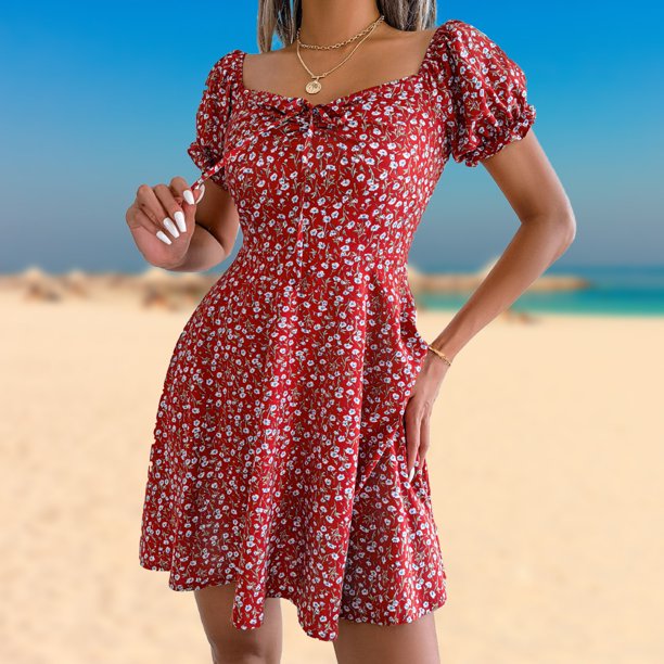  SheIn - Vestido corto de verano con volantes para mujer,  estampado floral, sin mangas, con lazo en los hombros, acampanado, vestido  de playa, forro polar verde con licencia oficial de star