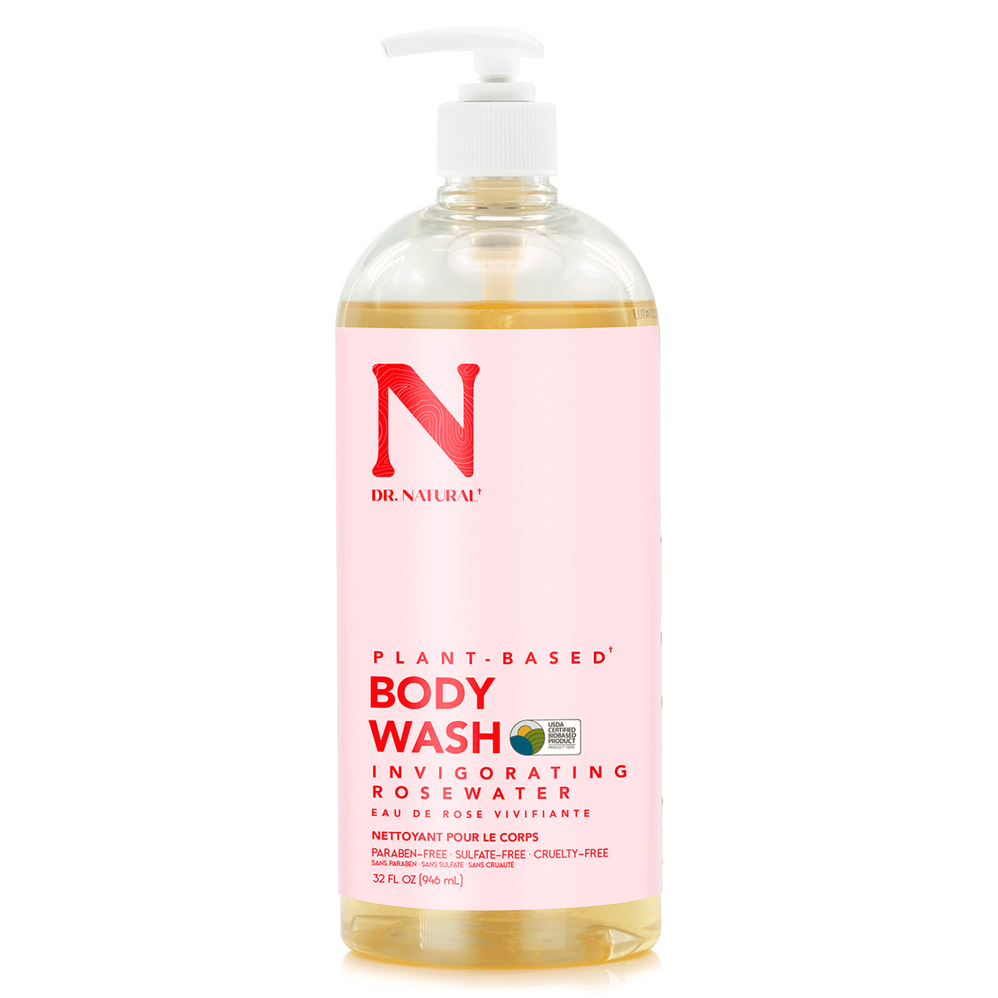 Dr. natural body wash gel de baño. agua de rosas vigorizante. 946 ml. 100% natural. hipoalergénico e hidratante. 100% de origen vegetal. apto para todo tipo de piel. uso familiar.