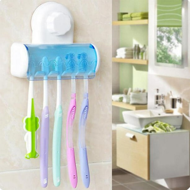 Soporte de cepillo de dientes de montaje en pared con 5 ranuras con  cubierta, organizador de almacenamiento de cepillo de dientes autoadhesivo  para ducha, colgador de cepillo de dientes para baño