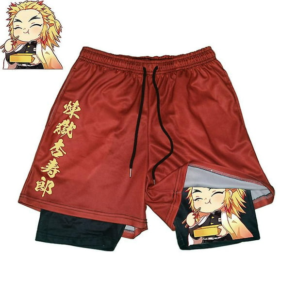 Anime Demon Slayer Gym Shorts hombres 2 en 1 malla transpirable hombre  Casual Rengoku Shorts Fitness hombres culturismo pantalones cortos para  correr
