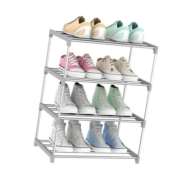 SUOERNUO Zapatero organizador de almacenamiento de 4 niveles de metal,  organizador de zapatos compacto con bolsa lateral para entrada, armario
