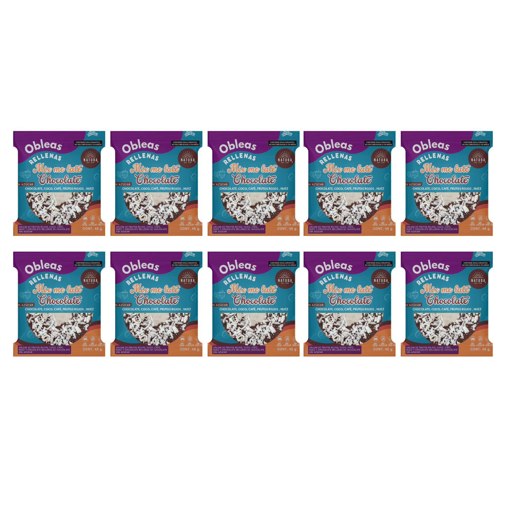 Mix de obleas de amaranto rellenas de chocolate sin azúcar natuba. 10 pack