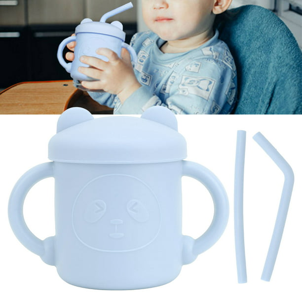 Vaso de silicona para niños pequeños con 2 pajillas, lindo patrón de panda,  taza de entrenamiento de aprendizaje de bebé, 7 onzas, resistente a las