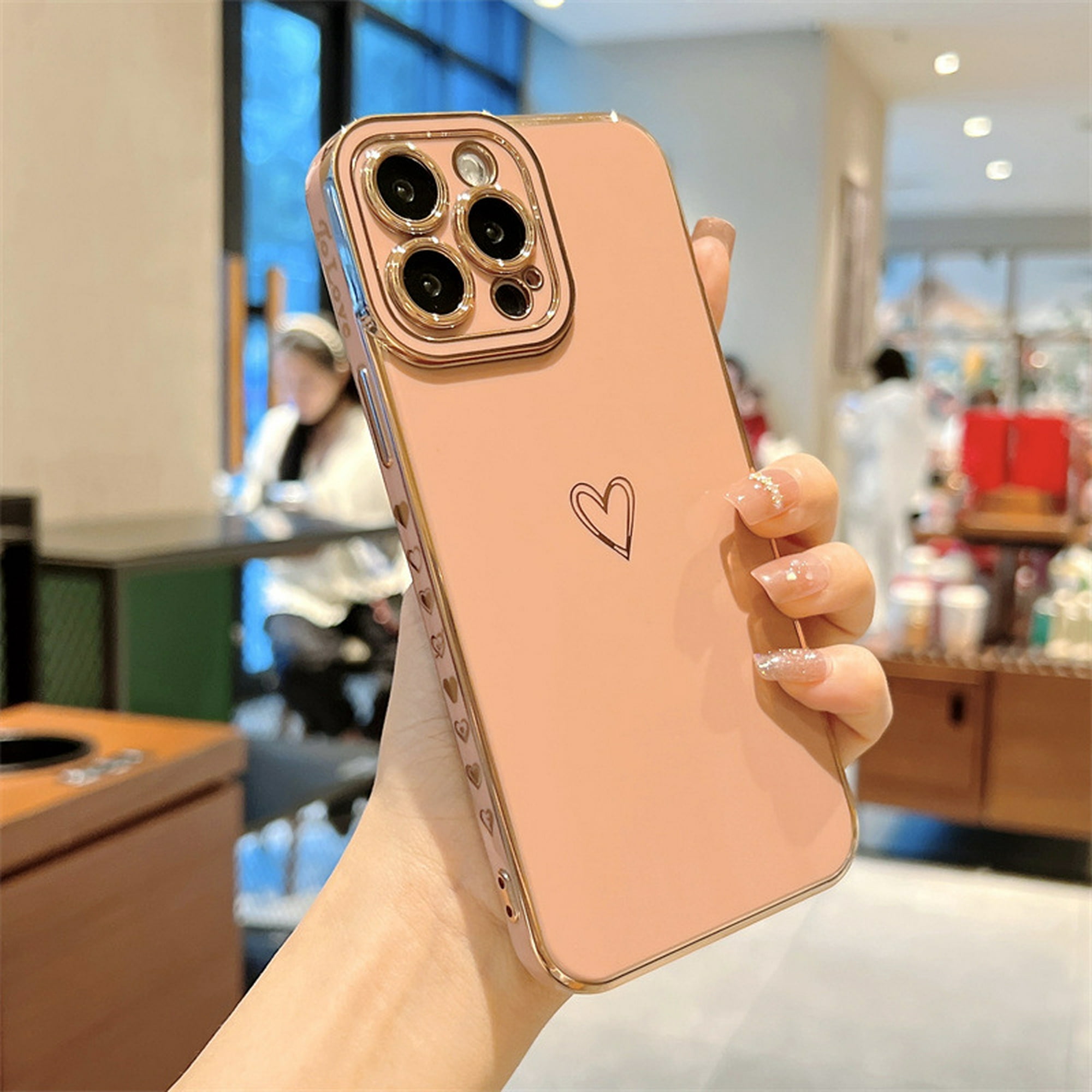 Compatible con iPhone 13 Pro Max, funda protectora de cámara rosa,  protección de cámara, corazón lindo para mujeres y niñas, funda de silicona  de lujo