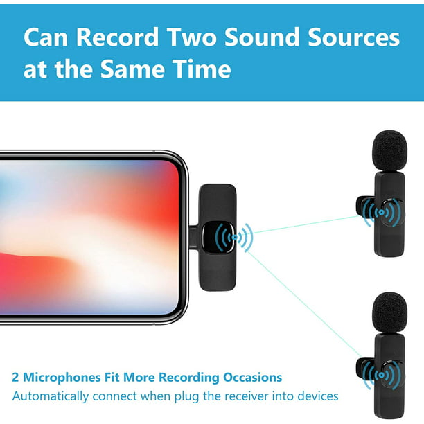2 micrófonos inalámbricos Lavalier para iPhone, iPad, Android, con