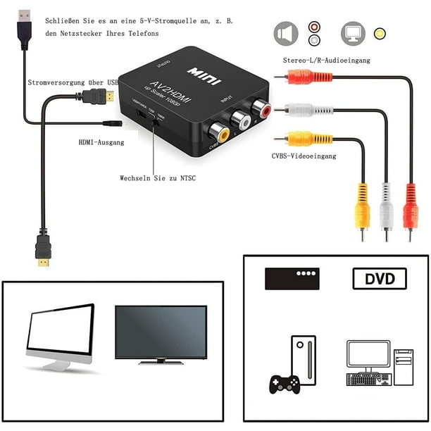 Convertidor RCA a HDMI, Mini RCA a HDMI AV2 HDMI Adaptador Convertidor HD,  Convertidor de Audio de Video HDMI Soporte 1080P, PAL/NTSC, Cable de