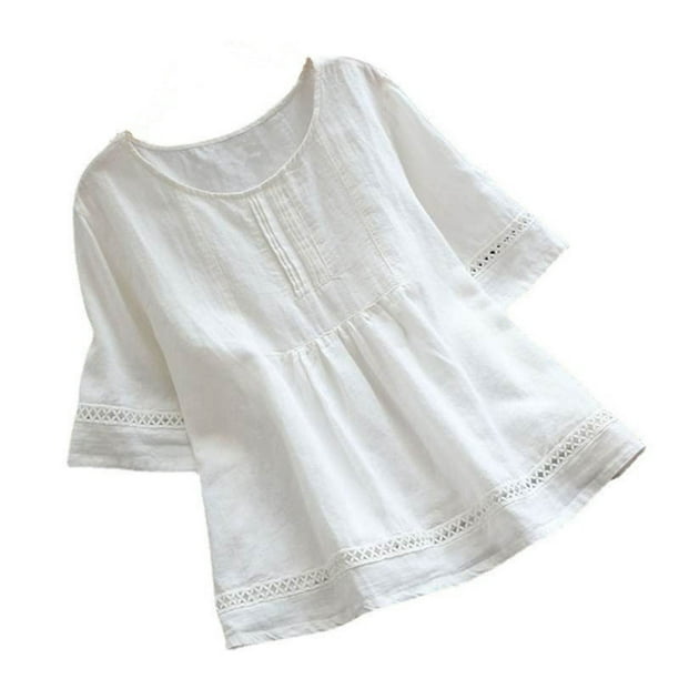Blusa suelta informal algodón y lino con cuello redondo y media manga para mujer Fridja ghk2059 | Walmart en línea
