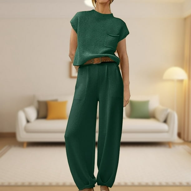 Pantalones Blusas de mujer Tops + Pantalones Moda de punto sin mangas +  Conjunto de pantalones (Verde oscuro XL) Ygjytge Verde oscuro T XL para  Mujer