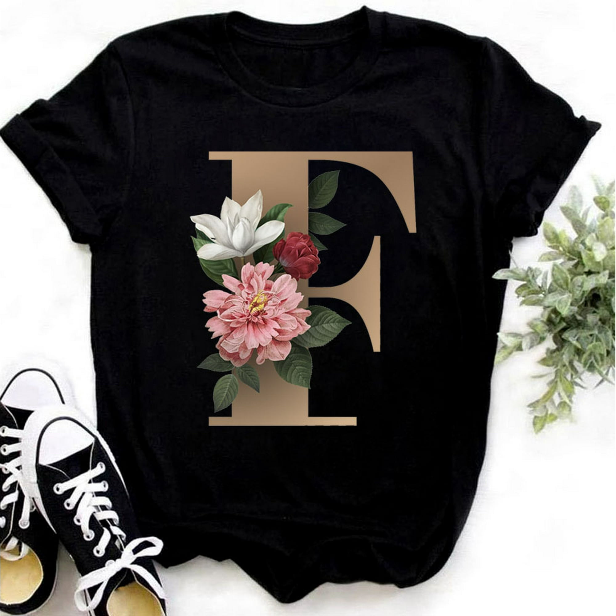 Nombre personalizado letra combinación moda mujer camiseta flor letra  fuente ABCDEFG manga corta Tops negro camiseta ropa Tan Jianjun unisex