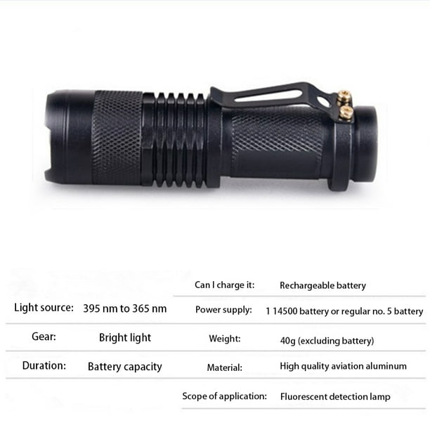 Comprar Linterna UV LED de 365nm y 395nm, linterna ultravioleta con enfoque  con zoom, Mini luz UV negra, Detector de manchas de orina de mascotas, caza  de escorpiones