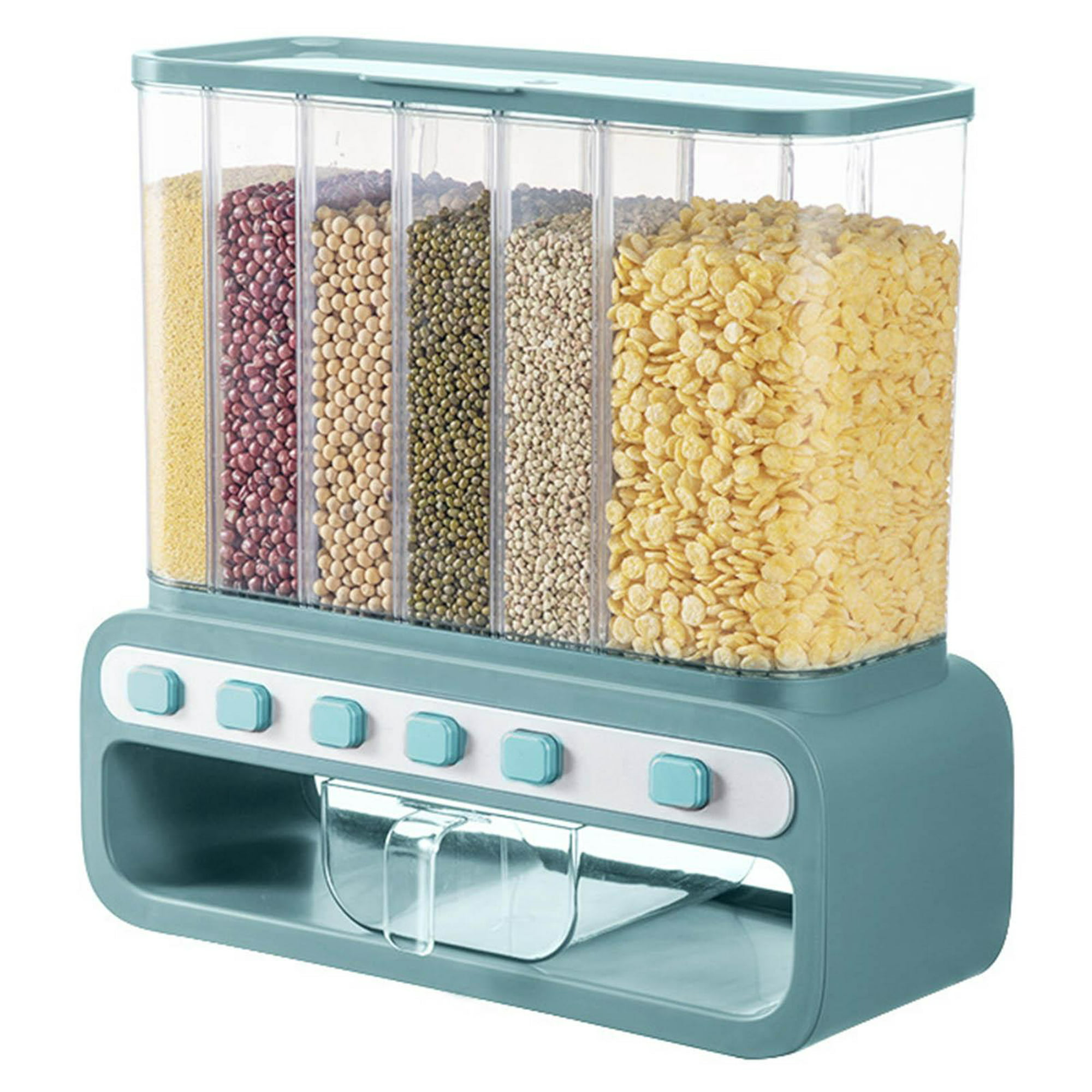 Dispensador para granos básicos y cereales como, arroz, frijoles, lentejas  con taza medidora Con 6 espacios para colocar tus granos y…