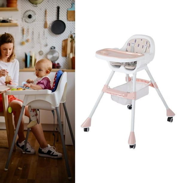Trona plegable para bebé con bandeja doble, ruedas silenciosas, silla de  altura de alimentación ajustable para ahorrar espacio, color rosa