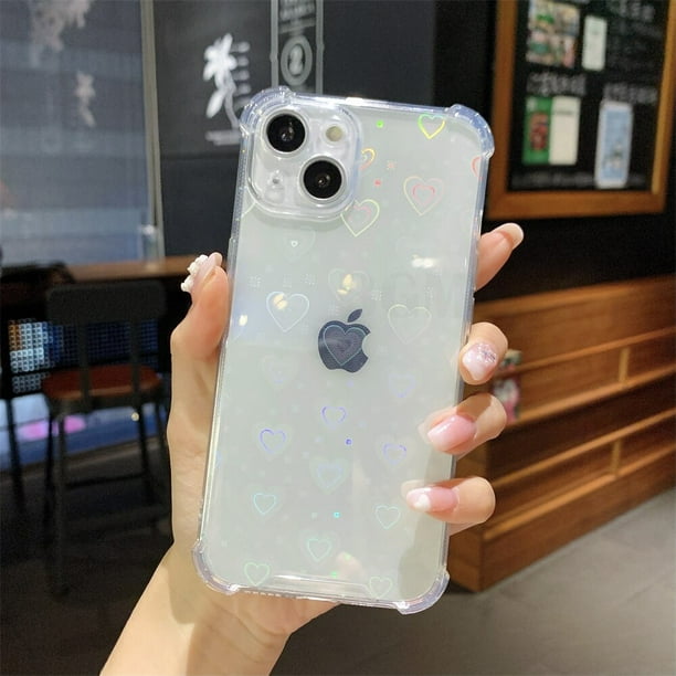Funda holográfica reflectante de lujo con corazón de amor para iPhone 14 13  12 11 Pro Max Mini XS X XR 7 8 Plus SE 2, funda suave y transparente Tan  Jianjun unisex