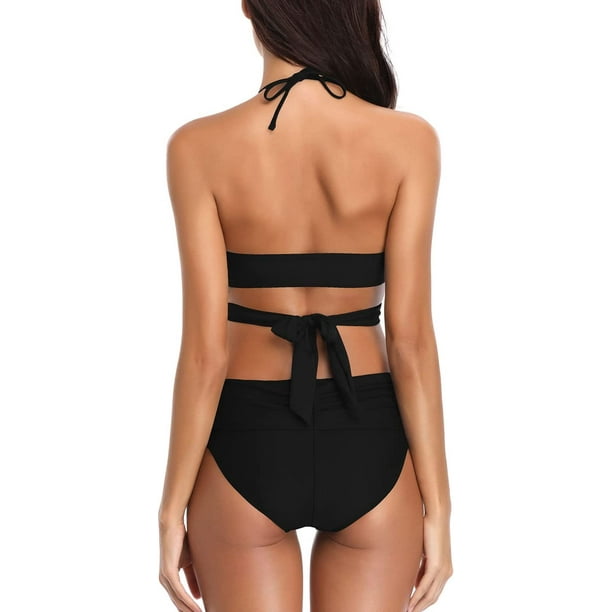 LUC] Traje De Baño De Verano Para Mujer , Negro Halter , Vendaje