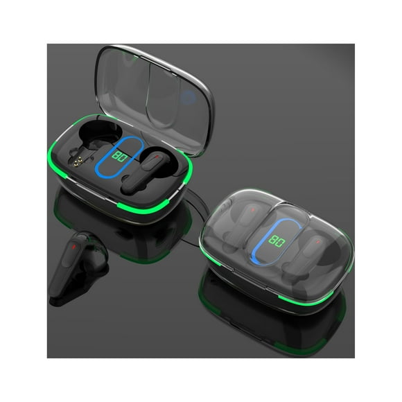 tws v53 true wireless stereo earbuds touch button battery capacity display automatic power on ergonomic design dual connection waterproof ipx4 headset charging box with rgb light builtin micro