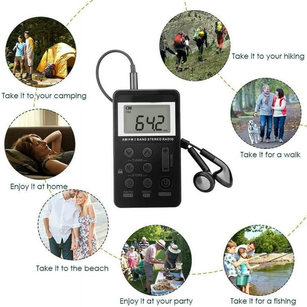 Radio de bolsillo AM/FM, radio Walkman estéreo portátil con sintonización  digital con batería recargable, pantalla LCD y auriculares, mini radio  personal para caminar/correr/gimnasio/acampar (negro) Ormromra WMZL-82-1