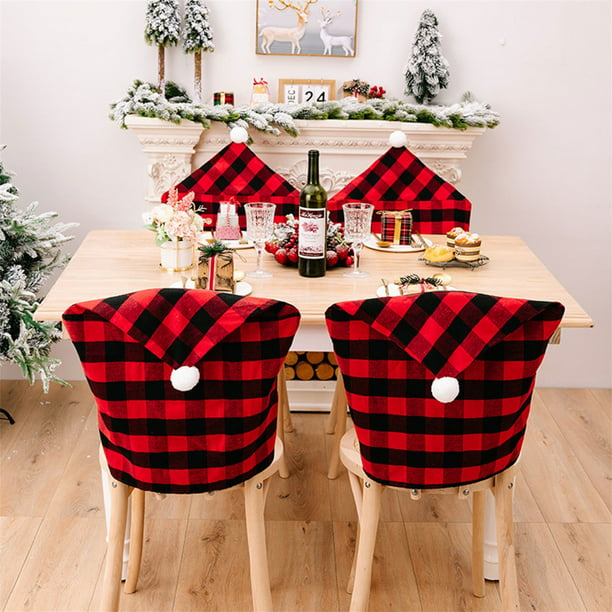 TRKIYQC Funda trasera para silla de Navidad Fundas para silla de Navidad  Sombrero Protector de silla de comedor a cuadros de búfalo para comedor  TRKIYQC casual