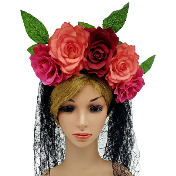 8 diademas de flores de rosas de Halloween, diadema para el Día de los  Muertos, estilo mexicano, corona de flores con tatuajes faciales temporales  de