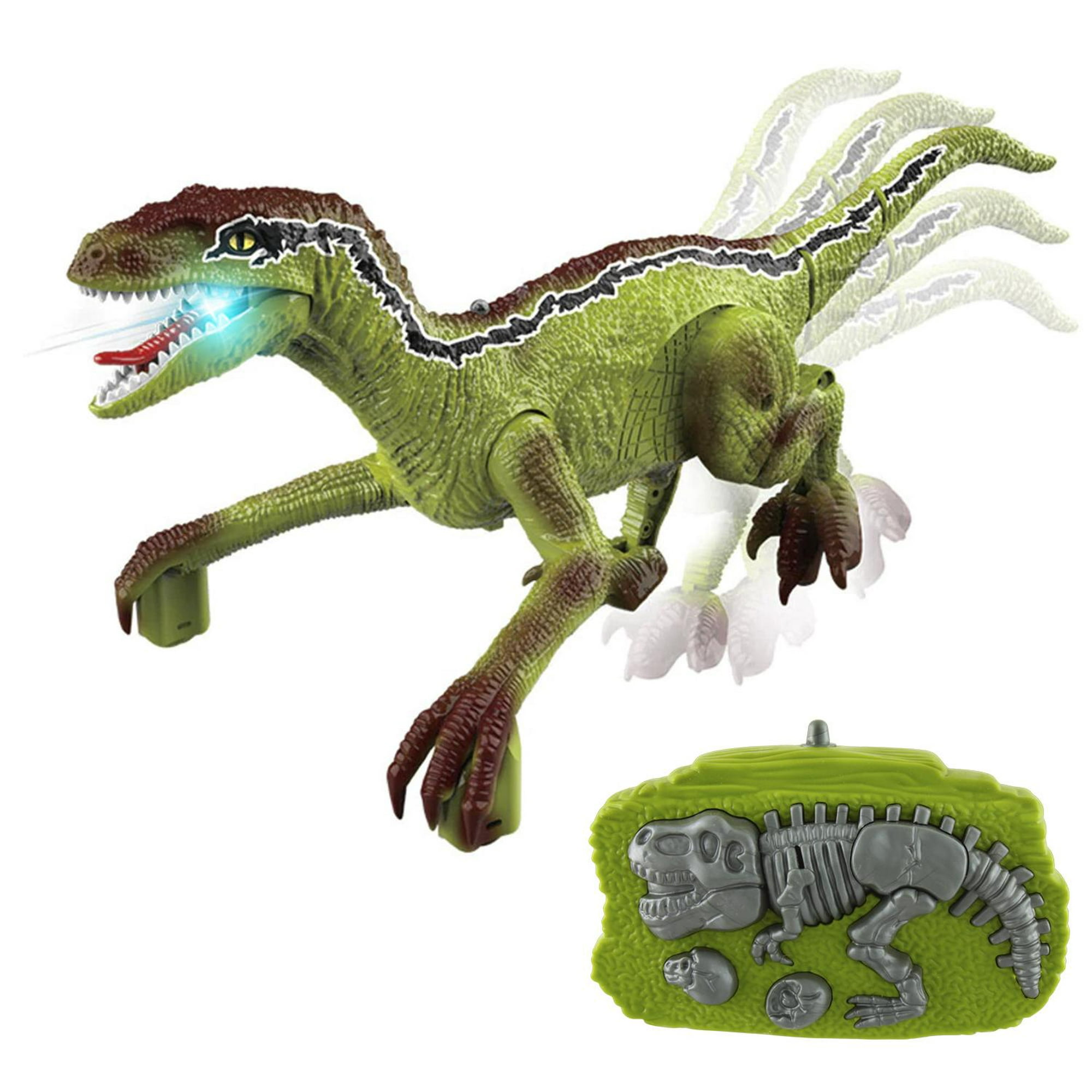 Juguete dinosaurio velociraptor de control remoto con luces y sonidos para niños, radio control dino verde grande