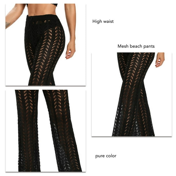 Pantalones de playa huecos de ganchillo para mujer Color puro Casual  elegante cordón en la cintura traje de baño cubrir pantalones negro M