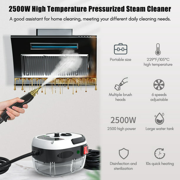 Limpiador a vapor, limpiador de vapor de mano de 2500 W, máquina de  limpieza a vapor de alta presión de 6 velocidades con 3 cabezales de  cepillo para