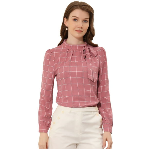 Camisa de cuadros cuadrícula con cuello de pajarita para mujer Blusas de trabajo de oficina Rosa blanco M Unique Blusa | Bodega Aurrera en