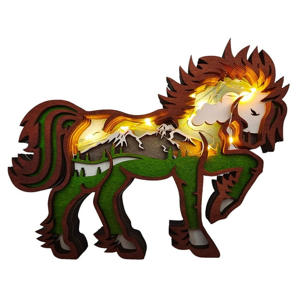 Decorativa Escultura de talla de caballo artesanal de madera de animales de  bosque 3D (caballo + cuerda de luz) Likrtyny Decoraciones